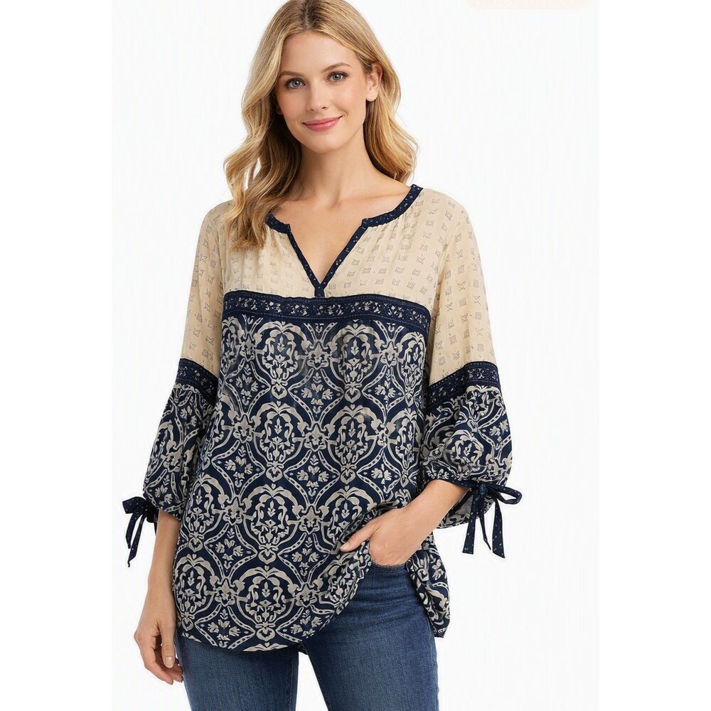 Dressbarn Boho Popover Blouse Woman 1X Paisley Blue Tie Sleeve Y2K